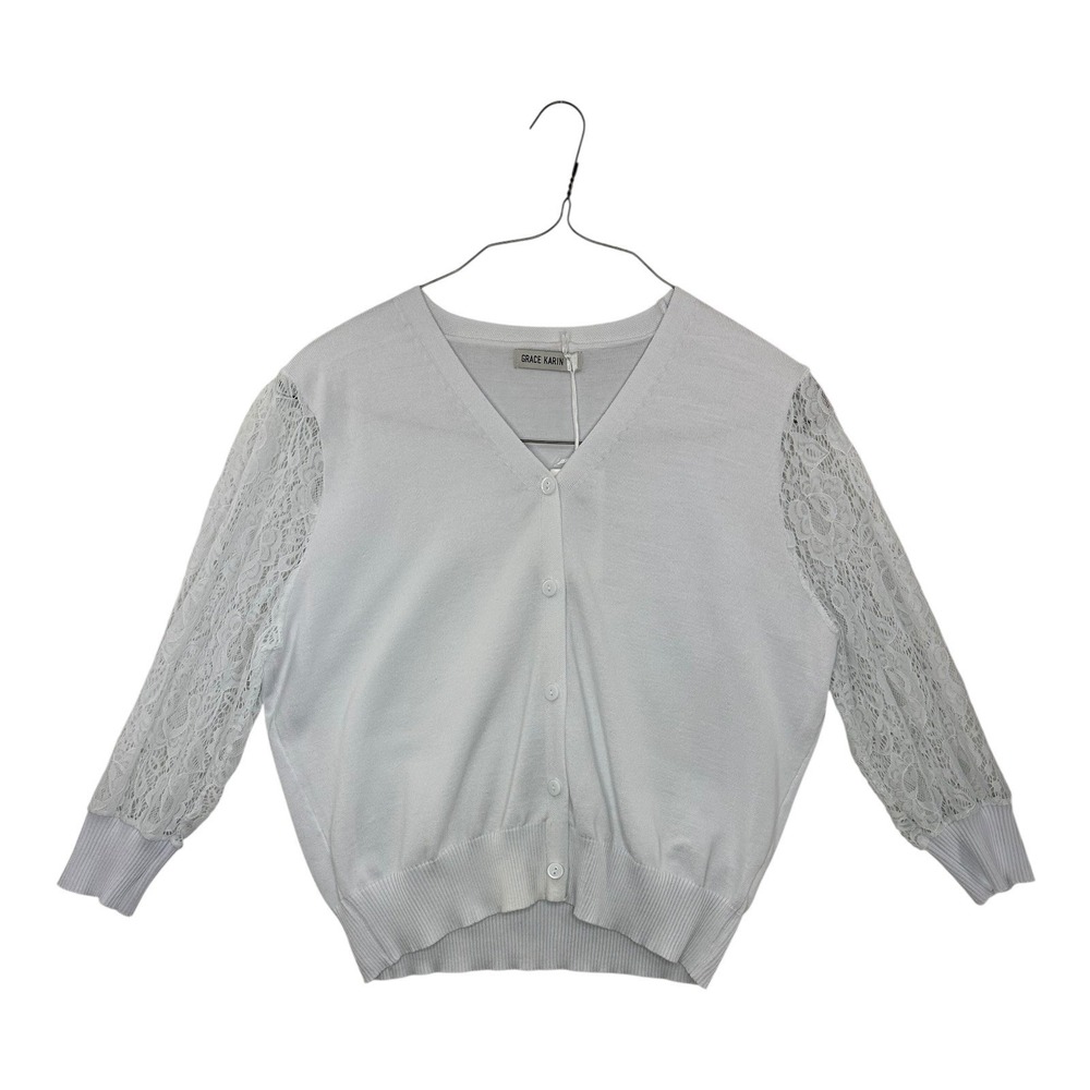 Grace Karin Cardigan Sweater Lace Sleeve V Neck Knit Top Elegant White S